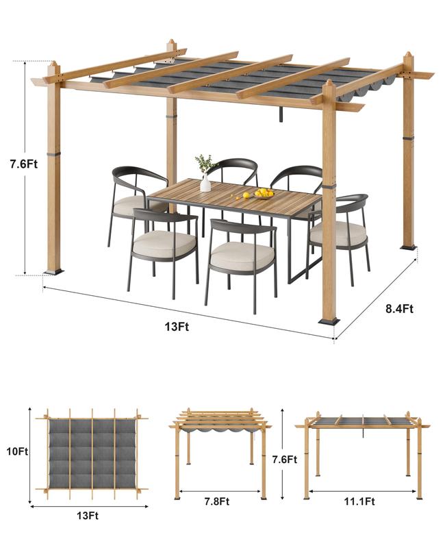GARVEE 10x13Ft Outdoor Wood Grain Aluminum Pergola with Retractable Gray Canopy –Industrial Strength,UV Protection & Waterproof,Ideal for Patio, Garden, Backyard