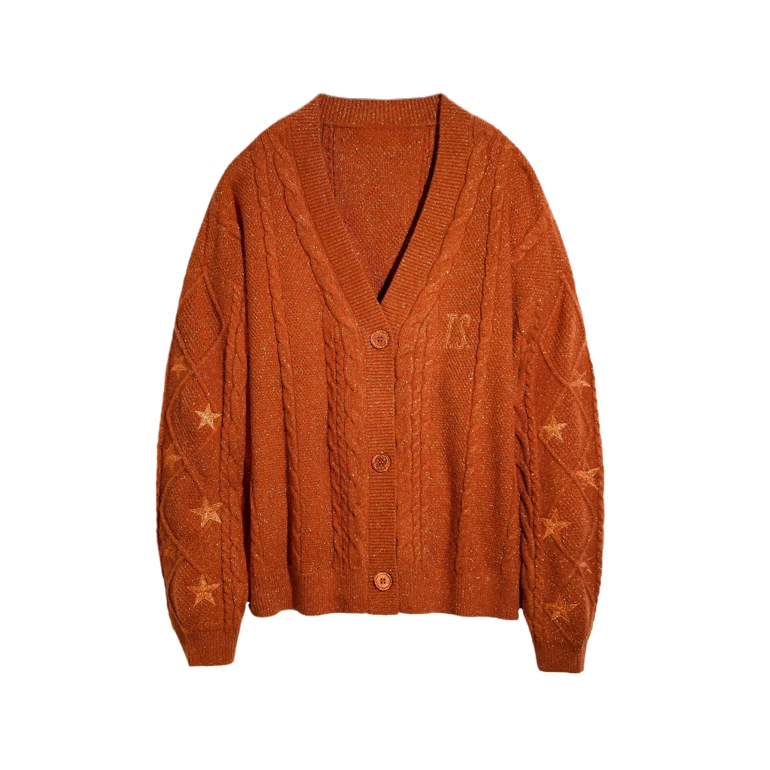 Fans-made Star Embroidered Showgirl Orange Cardigan with V-Neck and Button Closure