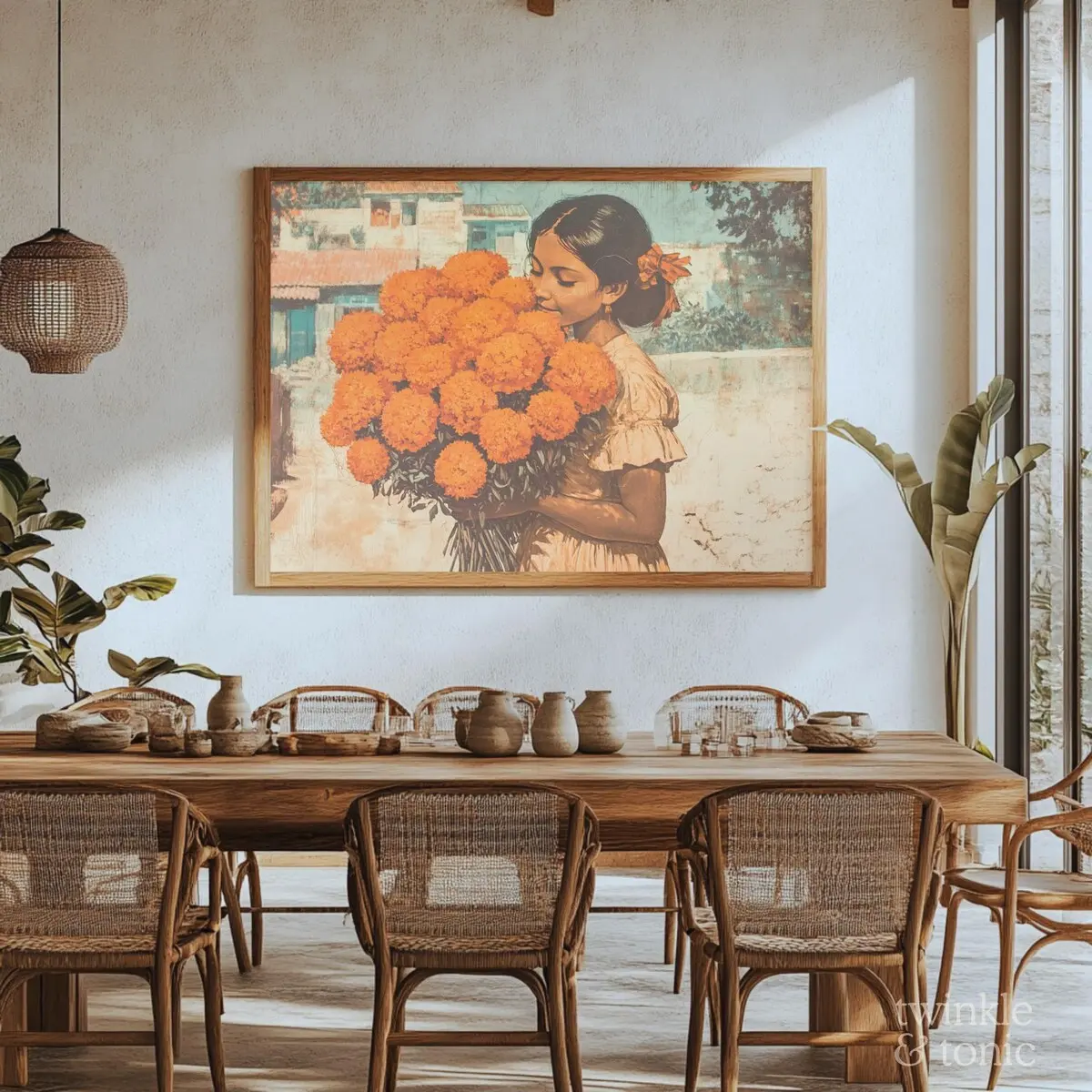 Antique Marigold Wall Art – Vintage Mexican Floral Poster, Rustic Southwest & Hispanic Decor, Room Decor, Unframed