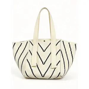 Black & White Zigzag Knit Tote Bag — Woven Handbag with Chic Chevron Pattern outdoorfun
