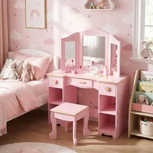 Garvee Vanity Set with Stool and Mirror - Makeup Vanity Table for Toddlers, Featuring Storage Drawers and Open Shelves, Designed in Pink for Little Ones