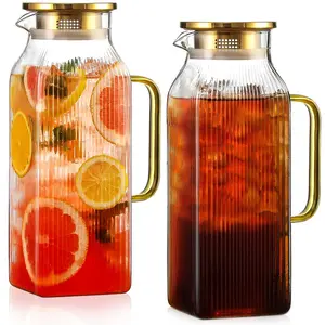 2-Pack 2L/68oz Square Glass Water Kettle with Lid, Handle, Classic Striped Design, Large Capacity, Suitable for Iced Tea & Coffee