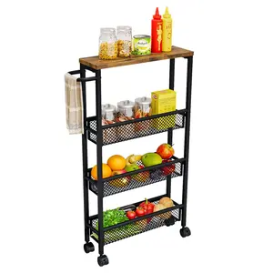 Slim Rolling Cart 4 Tier Narrow Storage Cart on Wheels with MDF Board Top and Metal Handle for Small Space Kitchen Living Room Home Office Pantry Bathroom Laundry Room