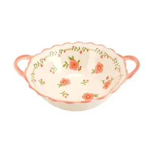 Golden Lion Red Glaze Peach Blossom Ceramic Bowl - 9.5" Lotus Design Double Ear Serving Dish