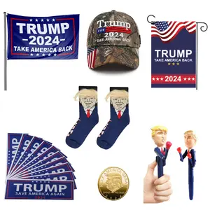 Trum 2024 All-In-One Bundle including socks, hat, banner, flag, multi-function pen, stickers, and coin