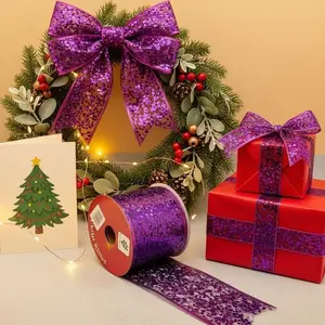2.5inch 10Yards/roll Festival Universal Wired Satin Ribbon, Metallic Texture Sequin Style, Metallic Sequin Christmas Wired Ribbon, Suitable for Home Decoration/Gift Wrapping/Swag Arrangement/Wreath Making/Handmade DIY, Multi-Scene Adaptable