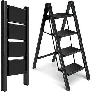4-Step Folding Ladder for Adults with Wide Non-Slip Steps and Rubber Feet - Lightweight Steel Step Stool, 330-lb Weight Capacity, Easy Storage, Suitable for Kitchen, Home, Office, Library Use - Black