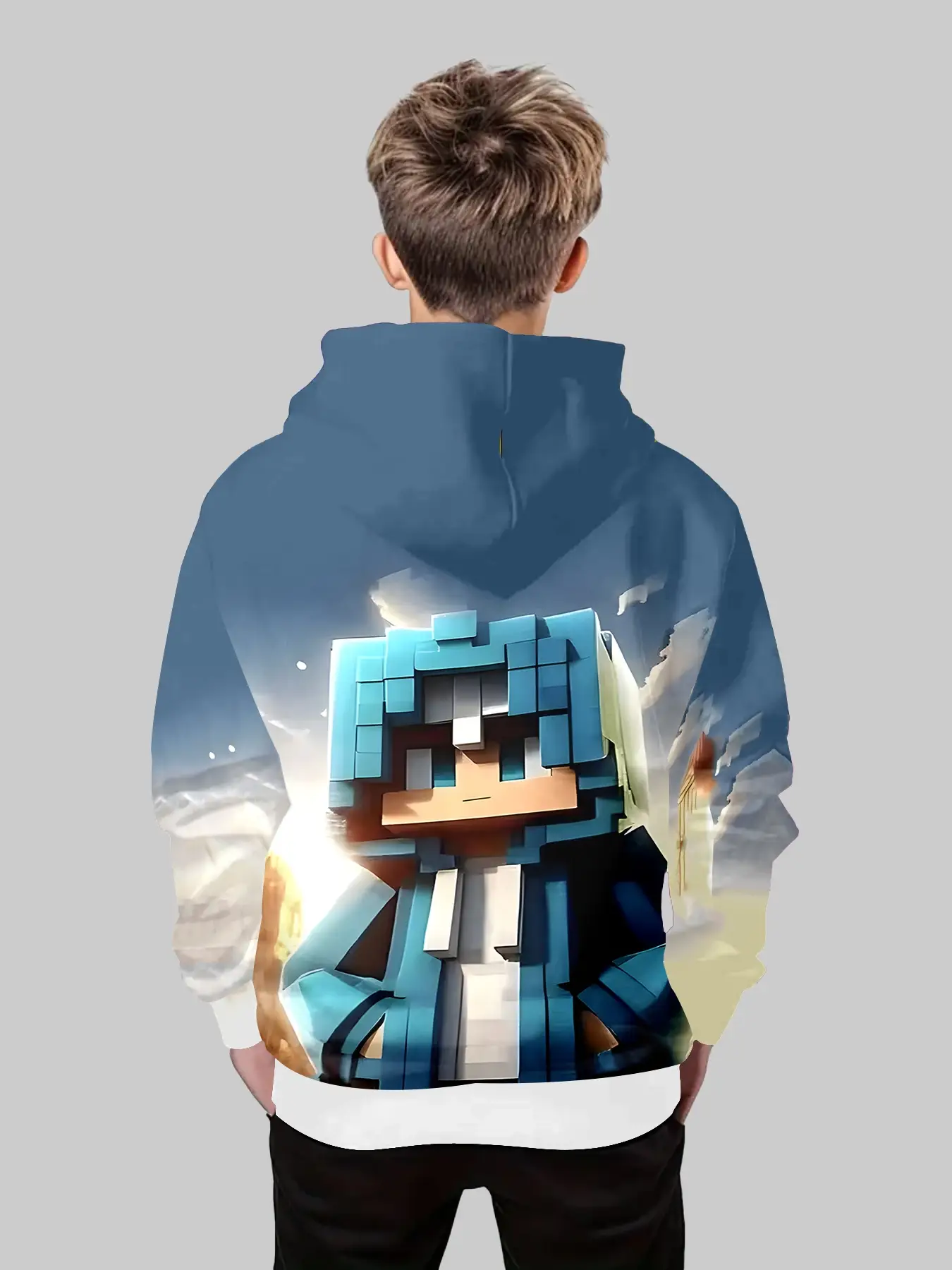 Minecraft Character Print Hoodie for Boys, Game Theme Scene Design, Casual Long Sleeve Pullover, Kids Fashion Clothing