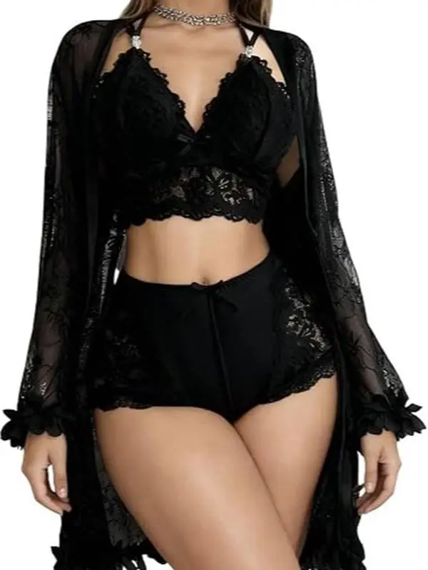 Women's 3-Piece Lace Styles Lingerie Set - Sheer Long Sleeves Robe with Belt, Adjustable Bralette, High Waist Panty - Everyday Elegance Sleepwear for Wedding Occasions
