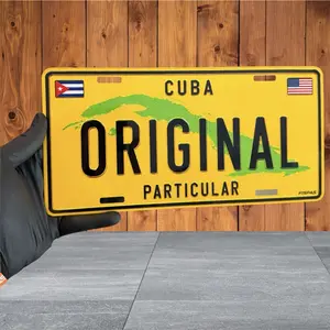 Cuba Original Placa Particular 12x6 Pulgadas - Yellow License Plate with Cuban Flag and American Flag