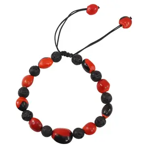 Handmade Macrame Volcanic Stone Bracelet - Peruvian Huayruro Seeds, Natural Beads, Adjustable Custom Fit, Unisex Casual Jewelry for Anniversaries, Good Luck & Protection Symbol, Bracelets
