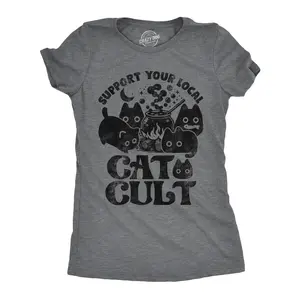 Womens Funny T Shirts Support Your Local Cat Cult Sarcastic Halloween Kitten Graphic Tee for Ladies Funny Womens T Shirts Cute Vintage Fashion Casual Ladies T-Shirt Gift Halloween Tops for Women Funny Cat Top Dark Grey