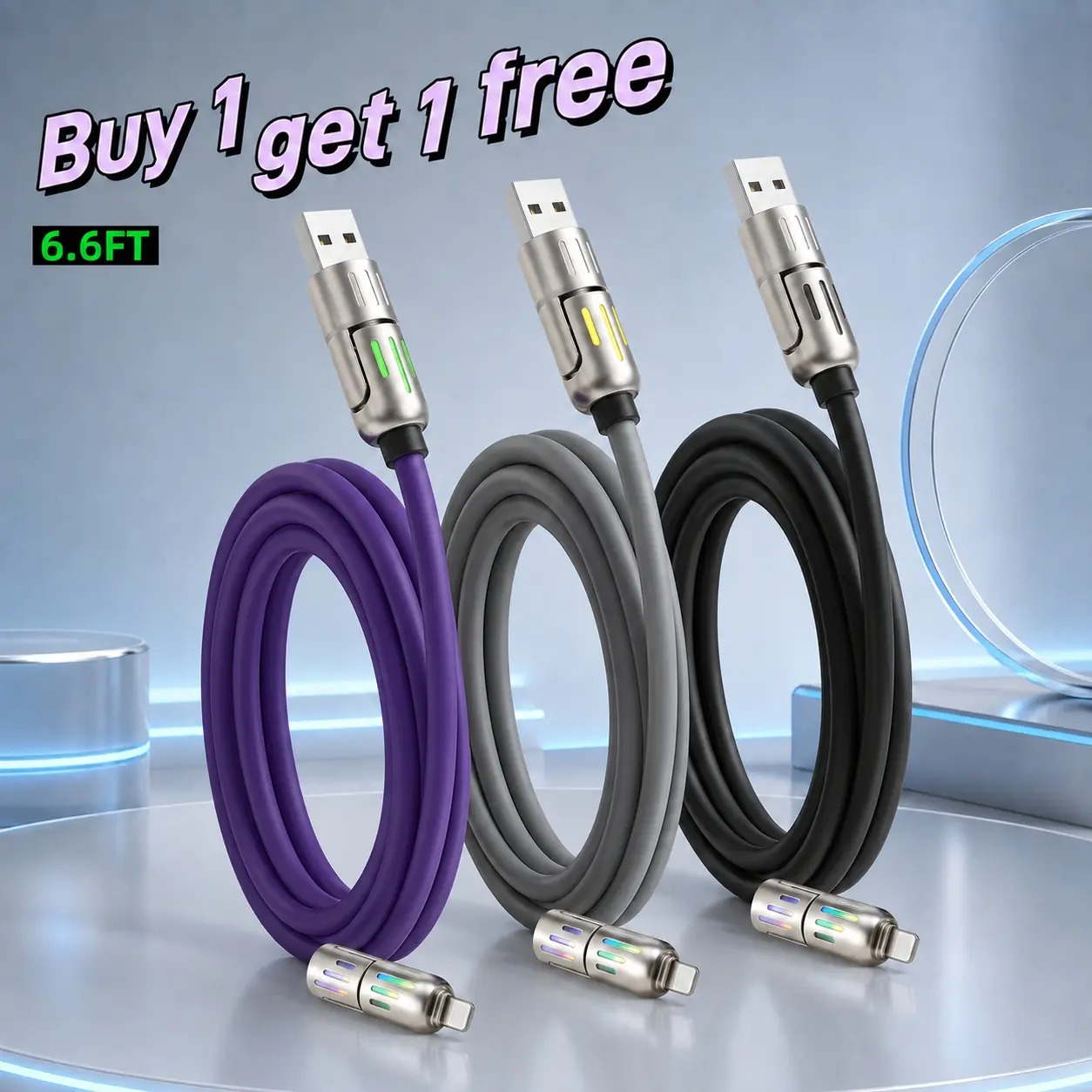[Summer Sale] 2-Pack 6.6FT 4-in-1 USB-C Cable, PD Fast Charging, For Data Sync, USB-A, Type-C, Light.ning, Aluminum, Portable Charger