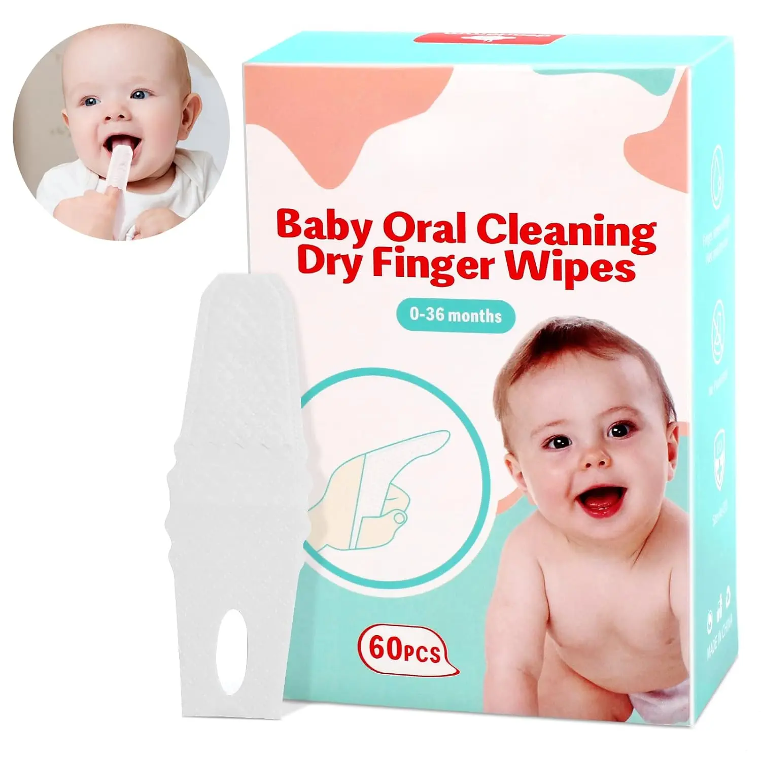 Baby Oral Care Kit - 60-Count Disposable Medical Grade Finger Sleeve Wipes, Gum-Safe Newborn Tongue/Gum Cleaner, Large Soft Absorbent Muslin Burp Cloths for 0-36 Months Infants, Wet or Dry Use