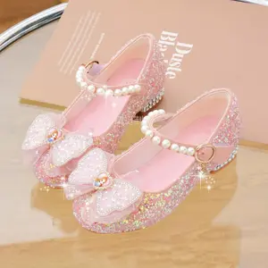 Sparkly Princess Girls' High Heels - Pink Glittery Butterfly Bow Mary Jane Flats with Pearl Accents, Breathable & Non-Slip Shoes for Weddings, Parties & Formal Events