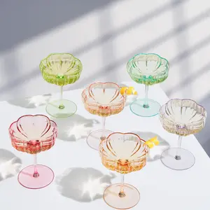 Khen Flower Vintage Wavy Glass Coupes Martini, Champagne & Cocktail Coupes - Set of 6-7oz Colorful Cocktail Glasses & Champagne, Prosecco, Mimosa Glassware Copyright Design - Bright Colors