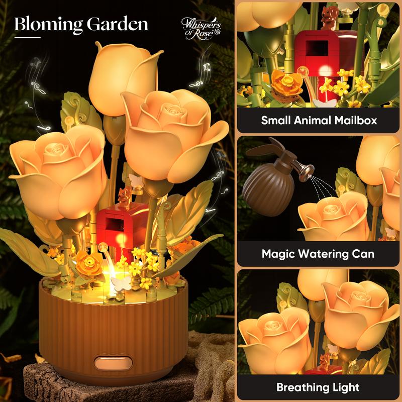 TOKMOC Valentine’s Gift Idea EN FLEUR,Blooming Rose Building Blocks Set, DIY Flower Building Kit with Light & Blooming Motion, Includes Remote Watering Can with Watering Sound,Christmas Gift and Home Decoration,for aged 12 and above,255 Pieces