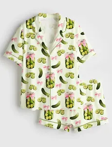 Women’s Pickles Coquette Cute Bow Pickle Jar Print Short Sleeve Satin Pajama Set, Unique PJs with Design, Matching Family Sleepwear Set, Satin Pajama Set For Men Women Kids