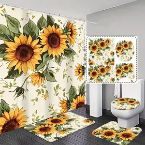 1/4pcs Spring Sunflower Themed Shower Curtain Set with Non-Slip Mat, U-Shaped Carpet, and Toilet Cover, 12 Shower Hooks Included for Bathroom Decor