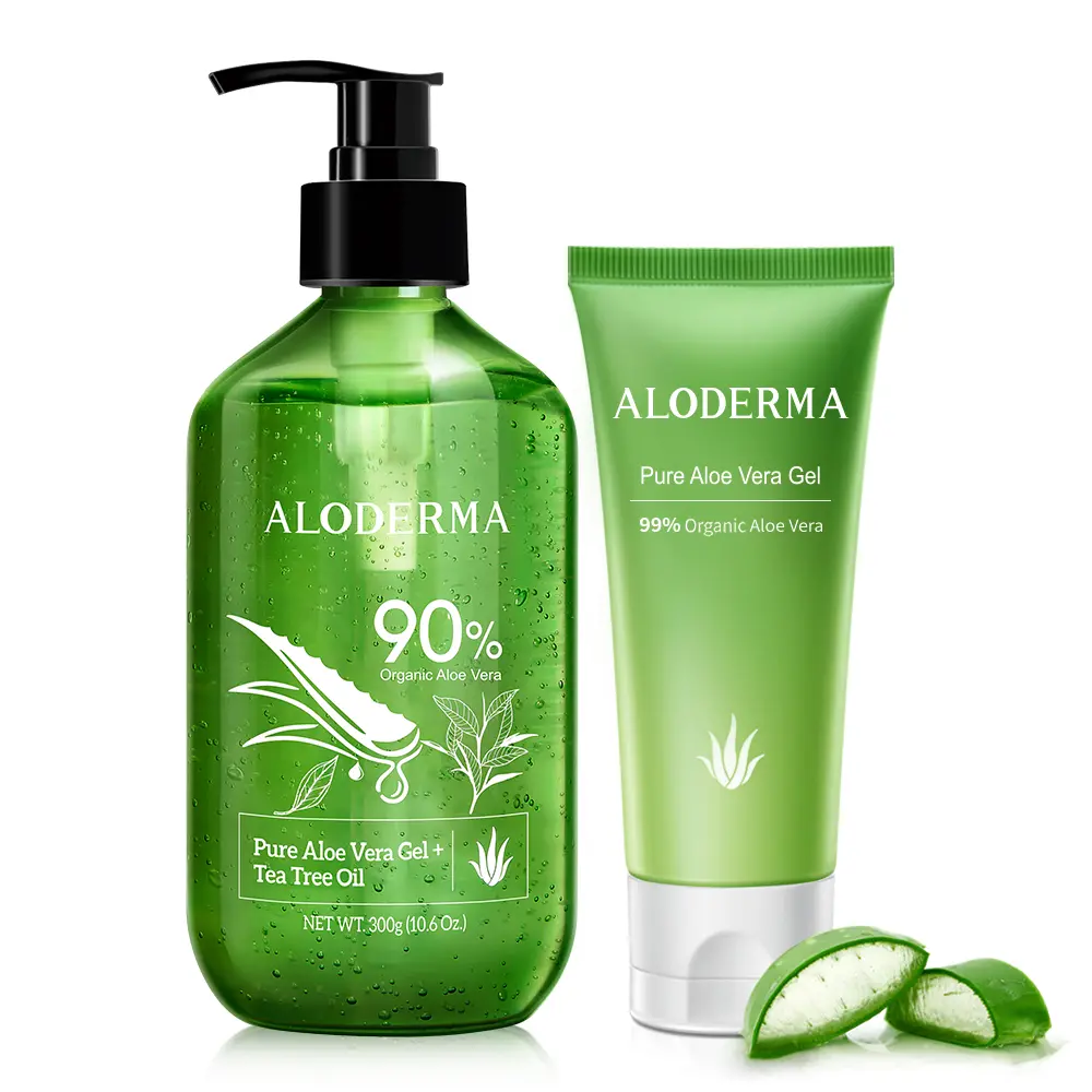 Aloderma Aloe Vera Gels Set, 2 Pieces - 300g Aloe Vera Gel + Tea Tree Oil, 114g Aloe Vera Gel - Hydrating, Soothing, Moisturizing