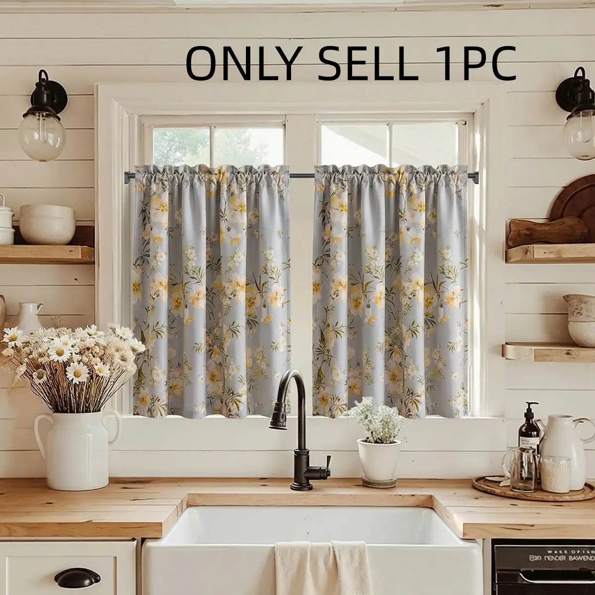 1pc Base Floral Print Curtains, Full Light Block, French Style, Rod Pocket, Durable Polyester, Washable, Privacy Protection