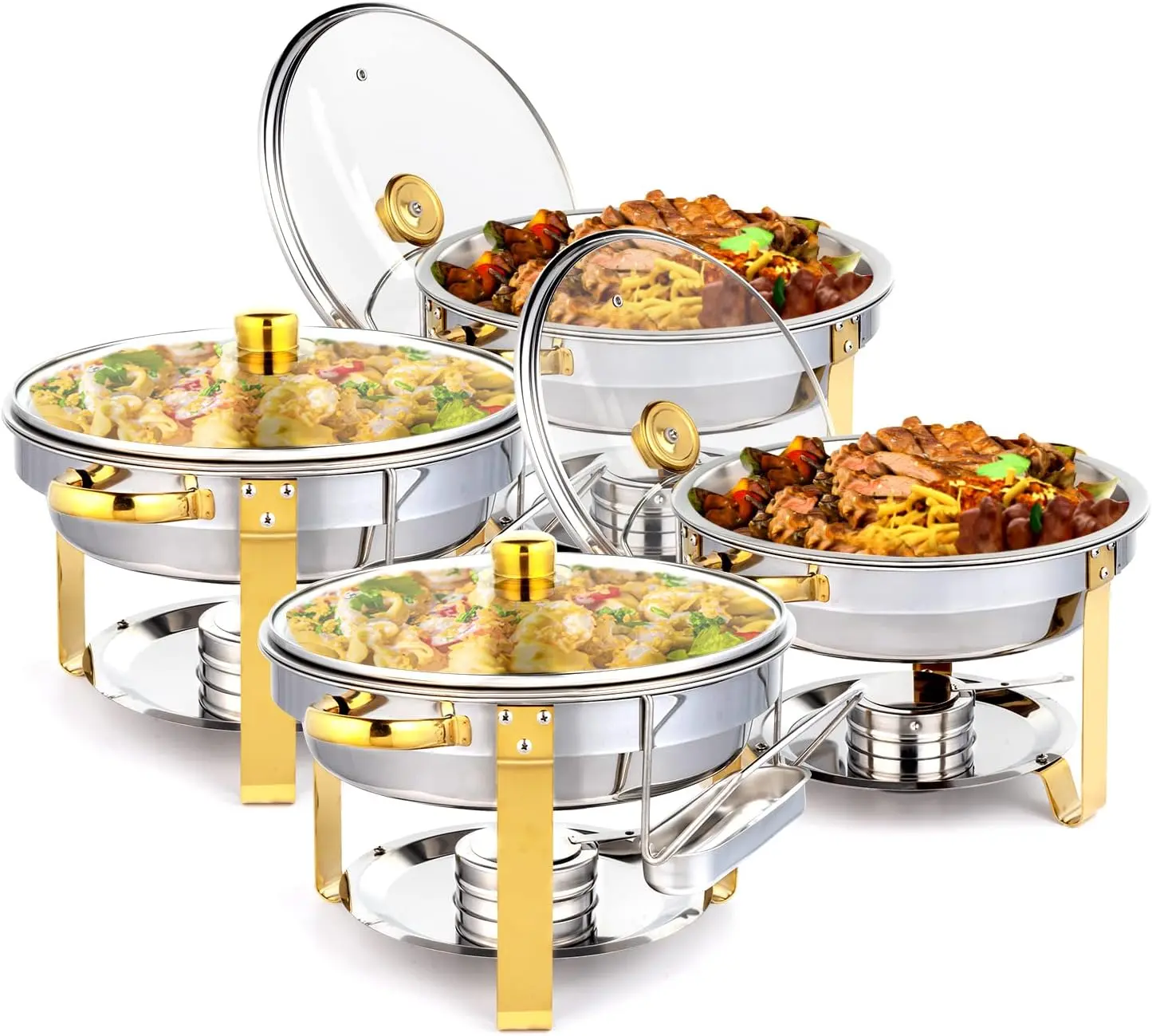 ROVSUN Round Shape 5QT Stainless Steel Chafing Dish Buffet Set with Gold Accent, Transparent Glass Lid, Lid Holder, 4"-Water Pan, Airflow Keeps Fresh - Multiple Packs (2/4), NSF Certified, Pans, Serving Tray for Catering Events Parties