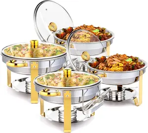 ROVSUN 5QT 2/4 Packs Chafing Dish Buffet Set Gold Accent NSF Round Stainless Steel with Glass Lid & Lid Holder for Catering Events Parties Weddings Dinners Bakeware Dinnerware,TikTokShopBlackFriday