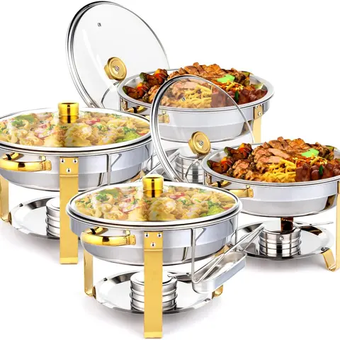 ROVSUN Sturdy Round 5QT Stainless Steel Kitchen Chafing Dish Buffet Set - Gold Accent, Convenient Glass Lid, Removable Lid Holder, 4" Water Pan, Ventilation Holes, Serving Tray, NSF Certified (2/4 Packs) for Serving, Parties