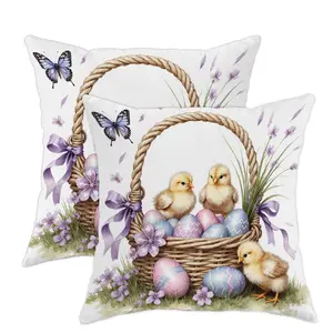 Jit 2pcs 2D Flat Chicks Throw Pillow Covers, Chick Theme Easter Pastel Soft Velvet, Washable Pattern, Living Room Bed Office Sofa Chair Decor