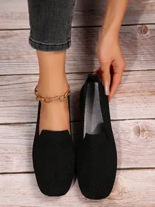 Women's Square Toe Slip-On Knit Flats Footwear, Soft Breathable Fabric Upper, Elastic Back Strap Design, Casual Spring & Fall Walking Shoes