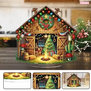 Xmas Scene DIY 2D Flat Acrylic Diamond Painting Desktop Ornaments Kit with Special Shaped Brighten Rhinestones 5D DIY Diamond Art Tabletop Decorations Single Side 24*22cm for Adults Christmas Ornament