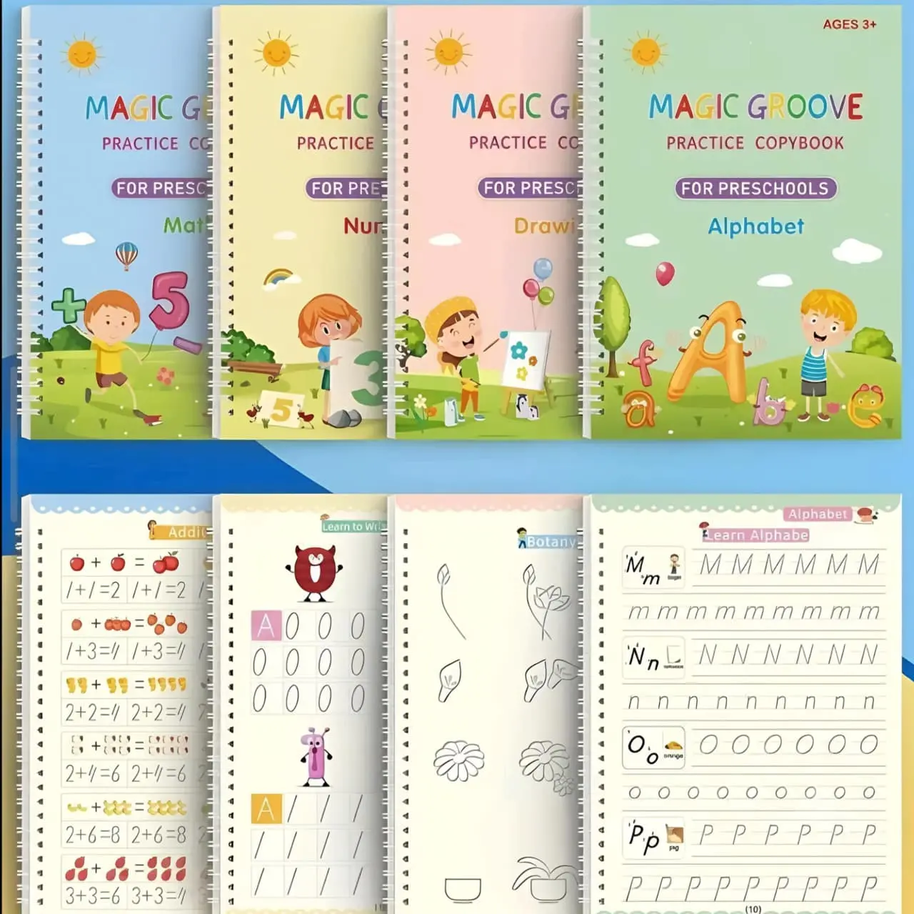 4 Pcs Reusable Grooved Magic Copybook Practice Kit with Disappearing Ink Pens & Pencil Grips, Kids Ages 3-8 Learning Materials for Letters Numbers Tracing, Back to School Shopping Preschool Activities