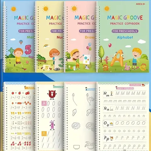 4 Pcs Reusable Grooved Magic Copybook Practice Kit with Disappearing Ink Pens & Pencil Grips, Kids Ages 3-8 Learning Materials for Letters Numbers Tracing, Back to School Shopping Preschool Activities
