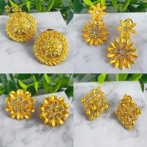 New Ethiopian Flower Stud Earrings Gold Plated For Women Lady Indian African Dubai Wedding Round Ear Jewelry Bride Party Gift