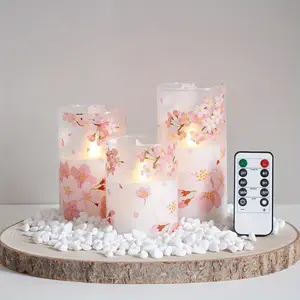 LED Flameless Glass Candle Light, 3pcs/set Battery Powered LED Candle Light with Remote Control, Floral Pattern Candle Light with Timer, Decorative Light for Home & Wedding Party Decor, Decorative Atmosphere Lamp, Home Decoration Lamp