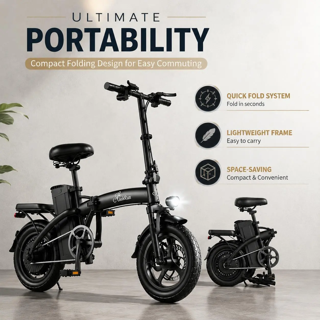 LOOKRUN Adult Foldable 2-Seater E-Bike, 650W Peak Motor, 48V 15Ah Battery, 50-mi Range, Mechanical Key Lock, Puncture-Proof Vacuum Tires, Handlebar, Bike Bag for City Commute, Outdoor Adventures compact long-lasting 8-level shock absorption