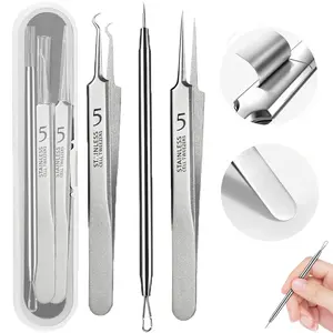 3-in-1 Pimple Popper Tool Kit, Professional Blackhead Remover Tweezers & Ingrown Hair Extractor Set, Stainless Steel Acne Extractor with Straight Curved Hook Tweezers & Dual-Ended Milia Remover, Precision Pore Cleaner for All Skin Types
