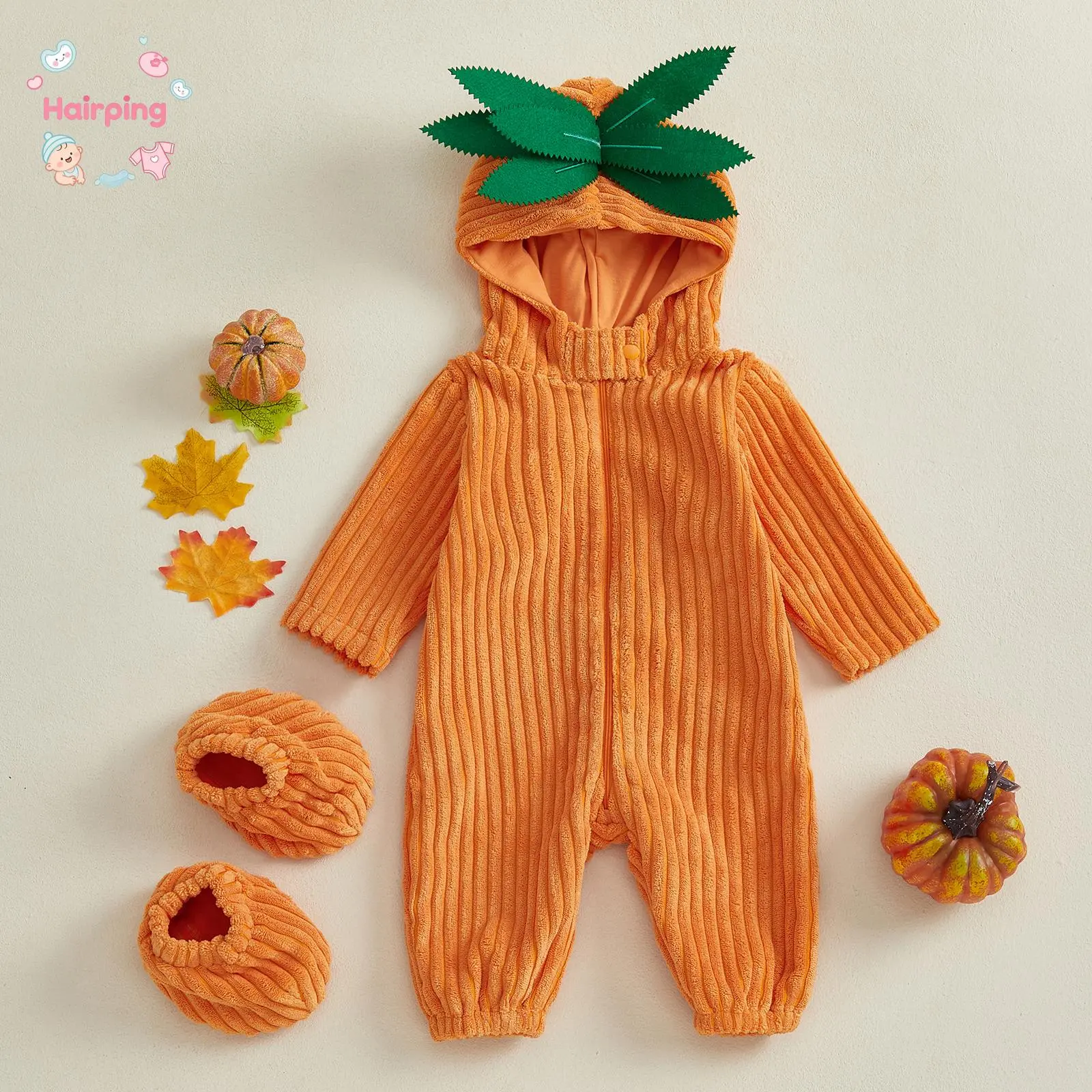 Infant Orange Hooded Romper with Shoes - Ribbed Velvet Long Sleeve Jumpsuit, Cute Fruit Costume Onesie, Soft Warm Winter Outfit for Daily Party Use