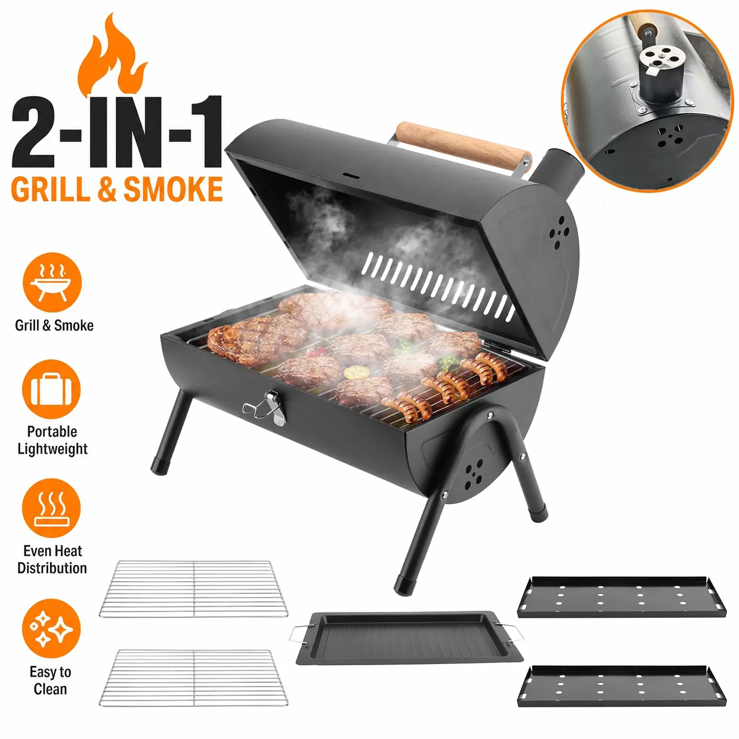Compact Foldable Portable Barbecue Grill - 2-in-1 Detachable Outdoor Barbeque with Windproof & Efficient Smoker, Griddle Plate, Stainless Steel Grate, Easy Setup, Cleanup, Durable Build for Weekend Camping Trips