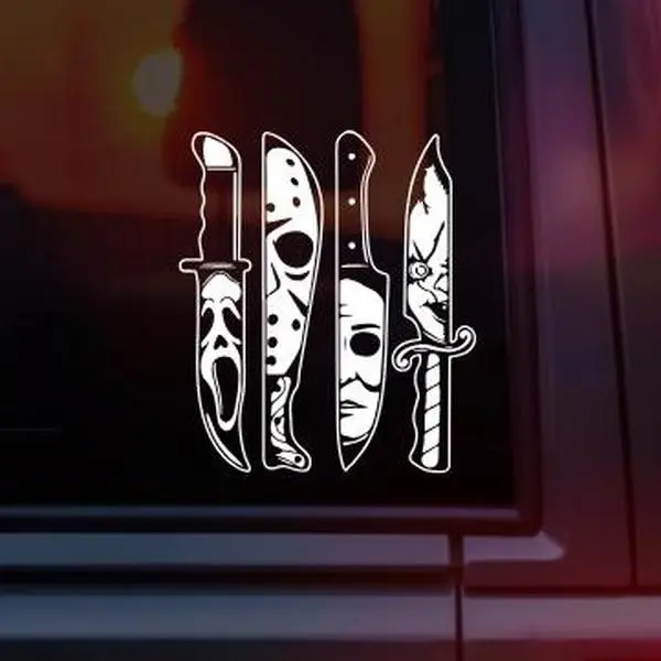 Horror Villains Knife Vinyl Car Decal – Michael Myers, Jason, Chucky & Ghostface Inspired Slasher Sticker – Halloween Horror Fan Car Window Decal