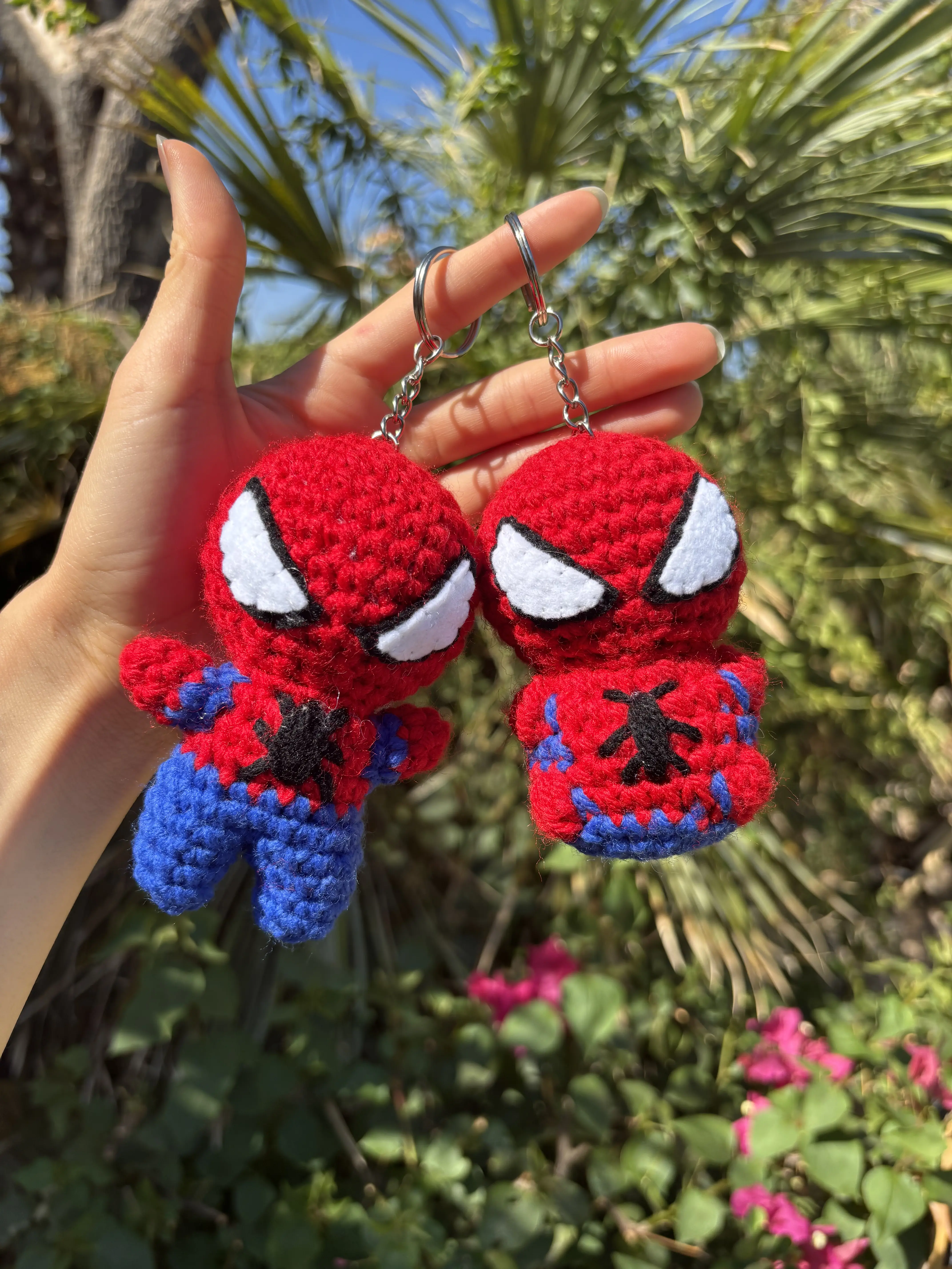 Crochet standing and chubby spiderhero guy keychain
