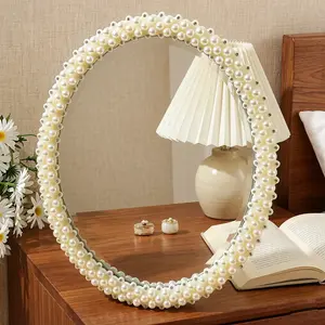 10inch Pearl Decorative Makeup Mirror Round Light Luxury Desktop/Wall-Mounted Dual-Use Mirror Bedroom Dressing Table Decorative Mirror