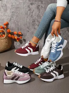 Women's Breathable Fashion Casual Sneakers, Spring Korean Style Patchwork Low-Top Shoes, Medium Width Round Toe Rubber Sole