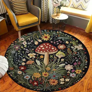 1PC Whimsical Mushroom Floral Round Felt Rug Easy Clean, Non Slip Floor Mat for Living Room, Bedroom, Entryway Festive Christmas Home Decor Accent