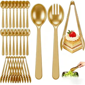 24 Pcs Gold Plastic Serving Utensils Set - Heavy Duty Disposable Serving Spoons, Forks & Tongs (8 of Each) - BPA-Free Catering Supplies for Buffets, Parties, Weddings & Events (9 Inch)