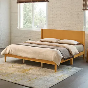 AMERLIFE Solid Wood Bed Frame, Mid Century Modern Platform Bed with Full Panel Headboard, Noise-Free & Cylindrical Legs, No Box Spring Needed, Under-Bed Storage