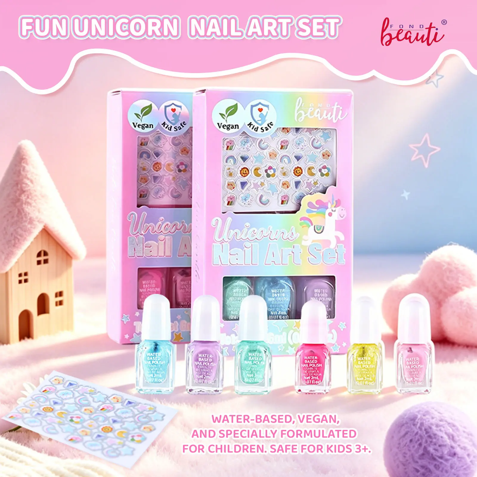 Fondbeauti Kids' Unicorn Nail Art Set - Water-Based Non-Toxic Nail Polish Kit, Easy-Peel Safe Manicure Kit with Stickers