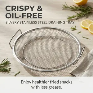 Food-Grade Stainless Steel Grease Draining Mesh Tray, Round Strainer Basket with Handles for Crispy, Low-Oil Fried Foods