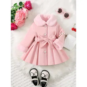 Baby Girl Clothing Baby Products Baby Girl Winter Fashion Versatile Cute Lapel Plush Bow Tweed Jacket Suitable for Going Out Autumn And Winter Popular Outfits Baby Girl Clothing Supplies The First Choice for Going Out, New Born Baby Winter Clothes, Fleect