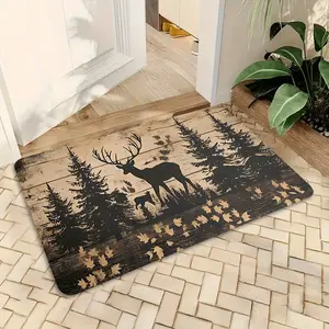 Rustic Deer Silhouette Floor Mat with Forest Print, Cabin-inspired Woodland Design for Front Door, Porch, Lodge-style Homes, and Rustic Cabin Decor